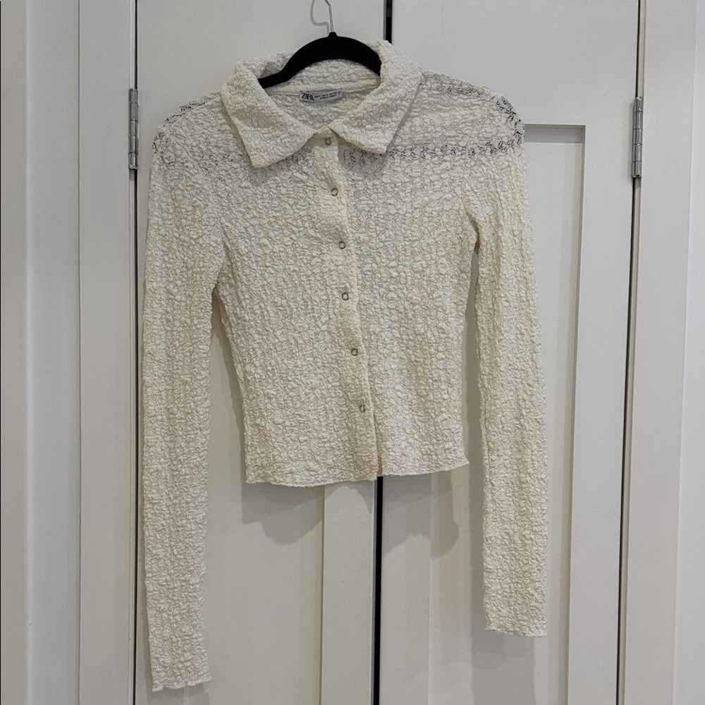 Zara Off-White Textured Collared Cardigan